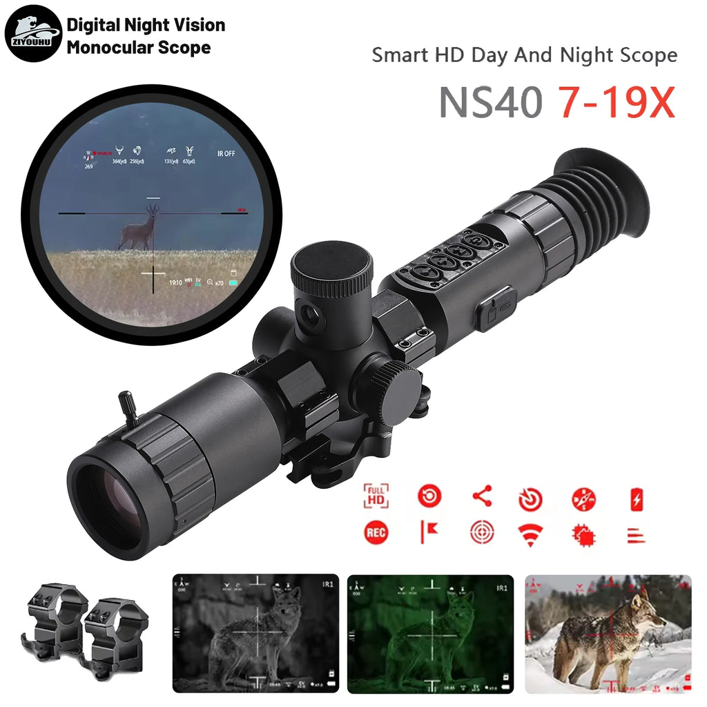 New NS40 Digital Night Vision Scope Built Gyro Tacticle Crosshair Software Ranging 1080p Video IR Camera 7-19X Hunting Monocular