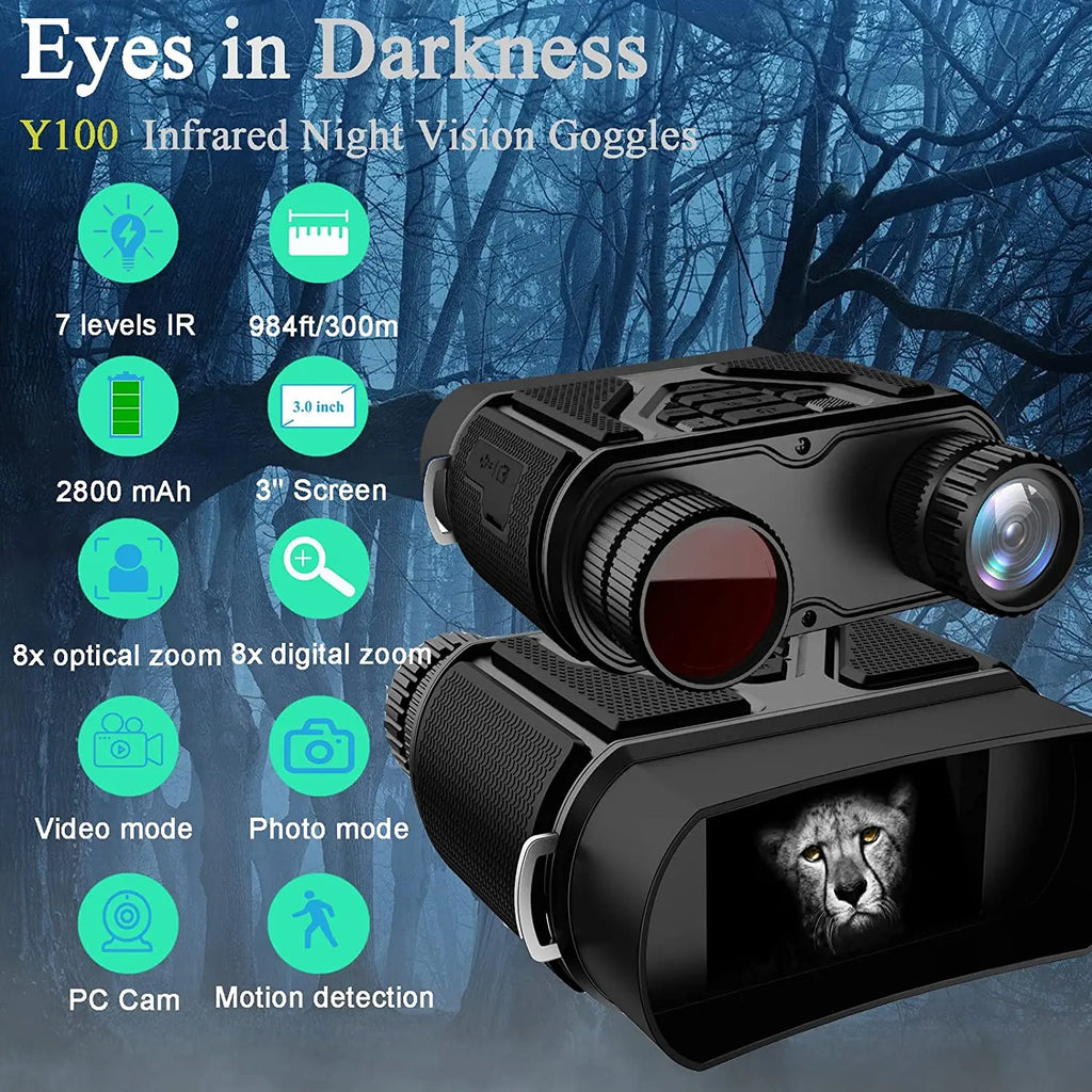 Y100 Night Vision Goggles Infrared Digital Binoculars Long Range 1080P Video Records Night Camera for Hunting in Full Darkness