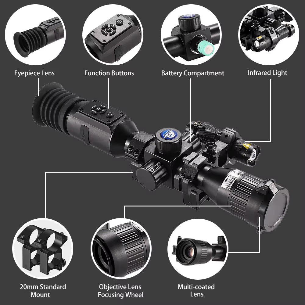 NV003 Night Vision Scope Infrared Monocular with Crosshair for Hunting HD Video Camera Round Screen Day Night Digital Sight