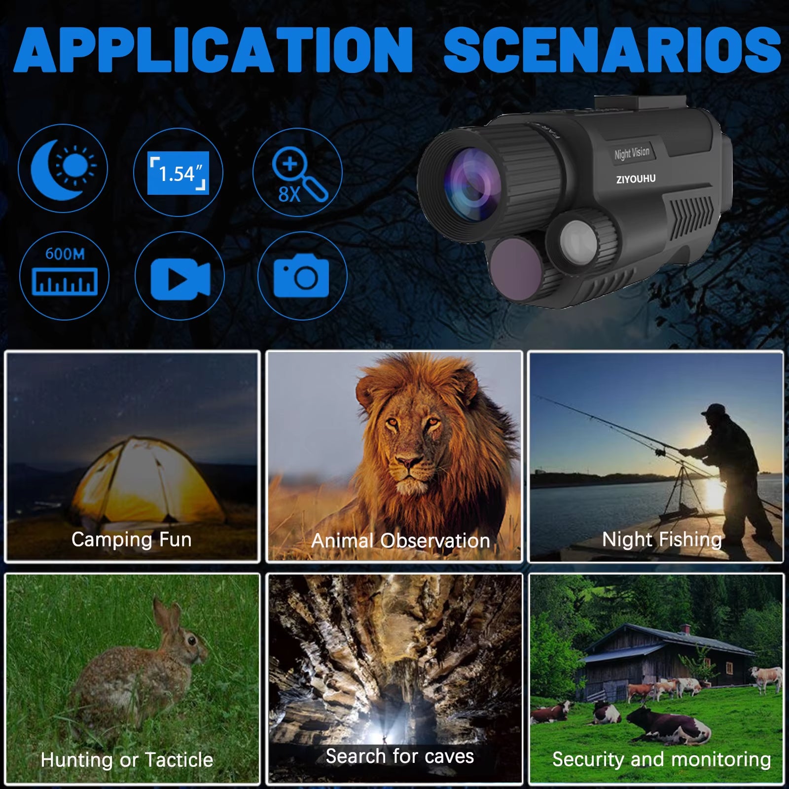 ZIYOUHU 9001 Digital Night Vision Infrare Monocular Built Tacticle Flashlight HD Video Speaker Camera Long Range Dark Hunting