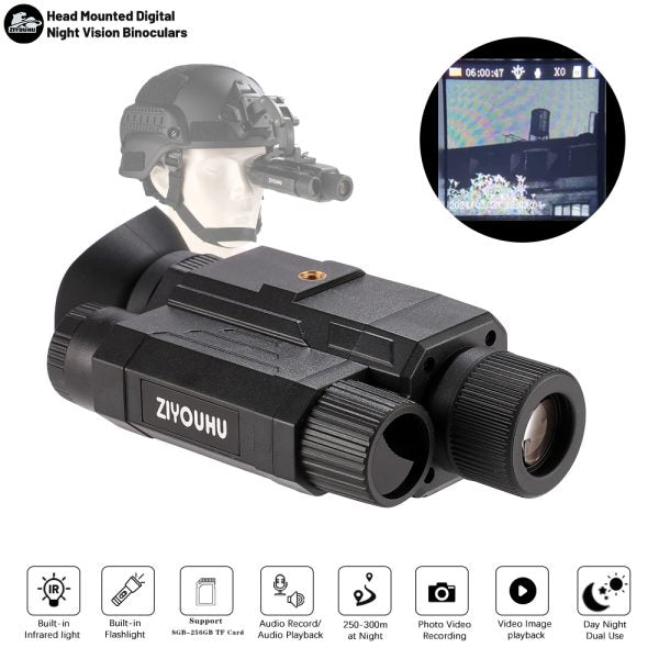 IR Head Mounted Night Vision Helmet Monocular Digital 1080P HD Video Camera Large Field of View for Hunting Day Night Dual Use