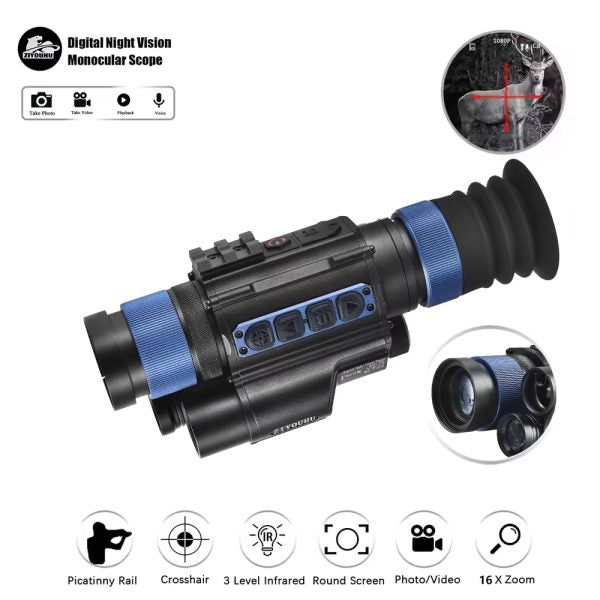 MLT450 Digital Monocular HD 2K Night Vision Scope Built-in Real Time Ranging Crosshair 16X Zoom 400m Hunting IR Night Viewer